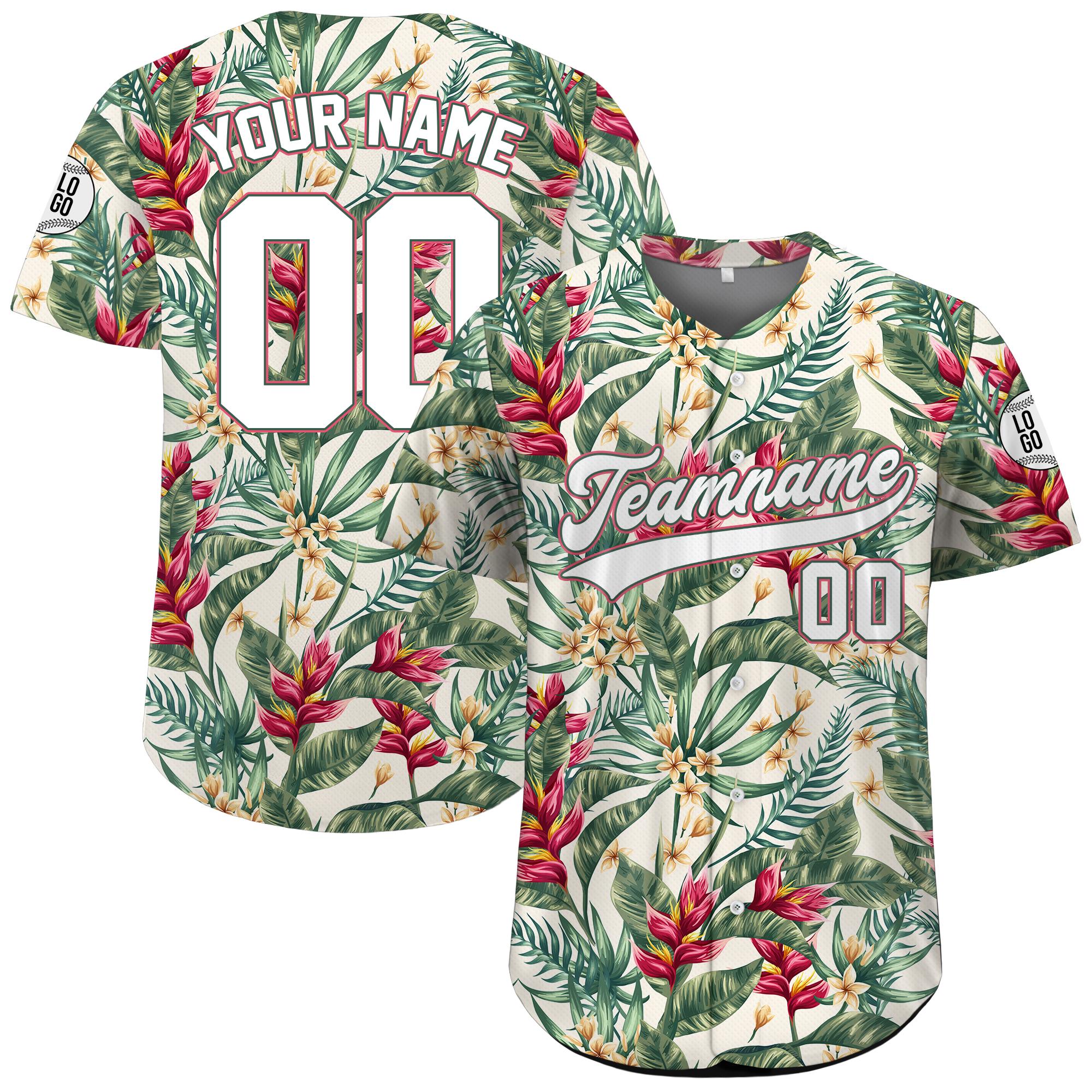 Personalized Hawaiian Baseball Jersey for Adult Youth Kid with, Custom Team Name Number Flower Beach Vacation Tropical Matching Jersey