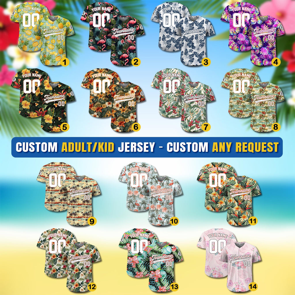 Personalized Hawaiian Baseball Jersey for Adult Youth Kid with, Custom Team Name Number Flower Beach Vacation Tropical Matching Jersey