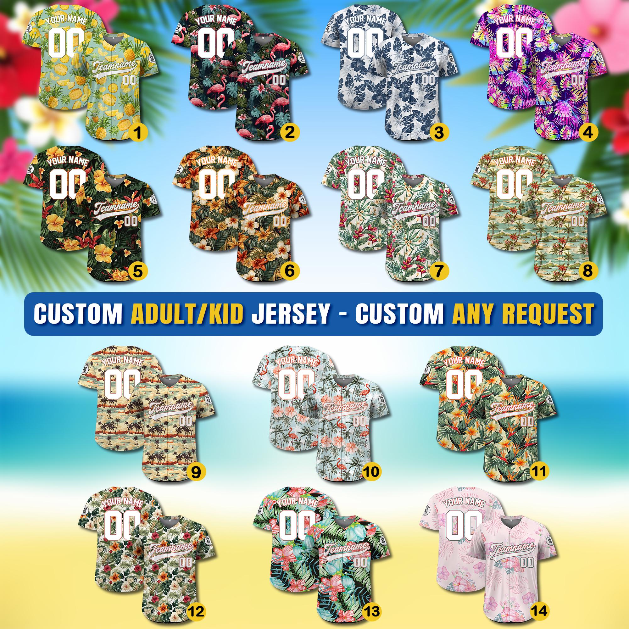 Personalized Hawaiian Baseball Jersey for Adult Youth Kid with, Custom Team Name Number Flower Beach Vacation Tropical Matching Jersey