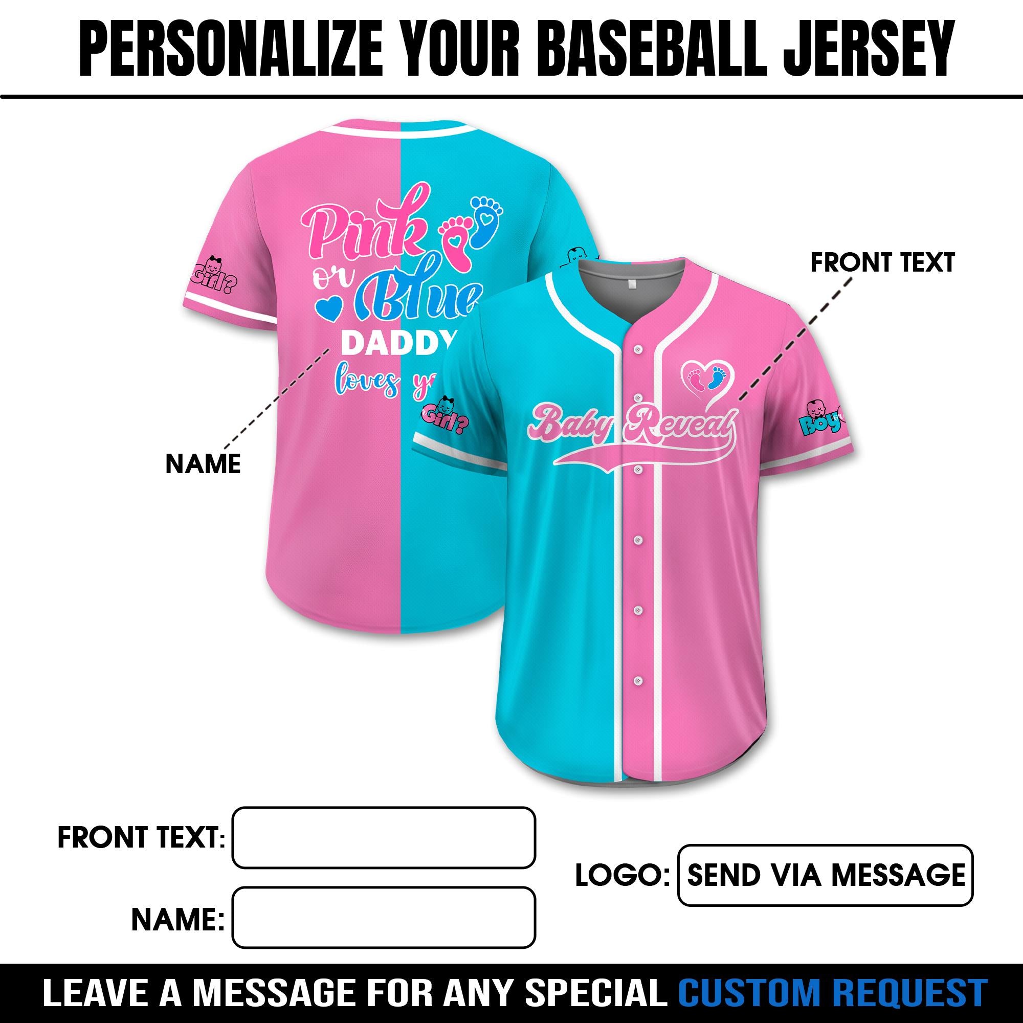 Personalized Baby Reveal Baseball Jersey for Men Women Youth Kid, Custom Gender Reveal Jersey, Family Matching Outfits, Reveal Party Jersey