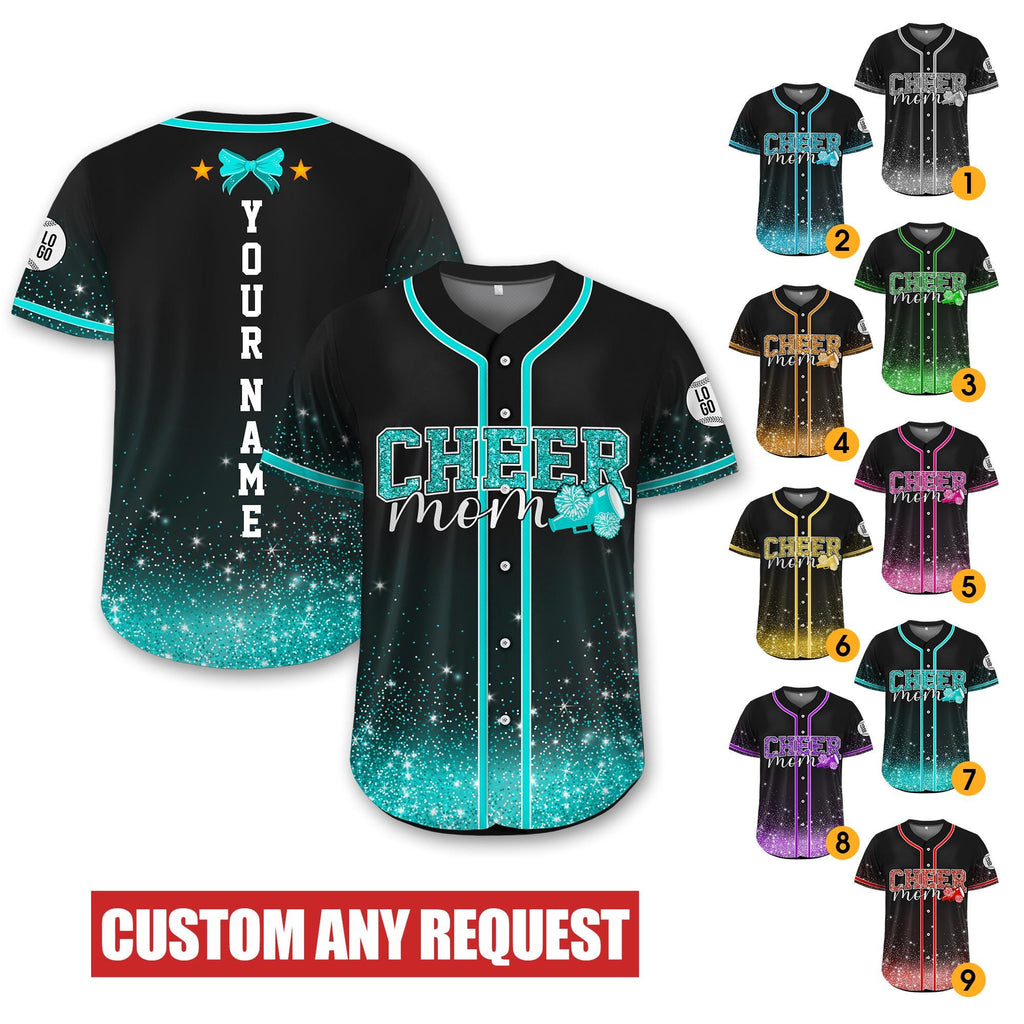 Personalized Glitter Cheer Mom Jersey, Custom Name Number Glitter Baseball Jersey, Cheerleading Team Gift for Mom, Competition Day Apparel