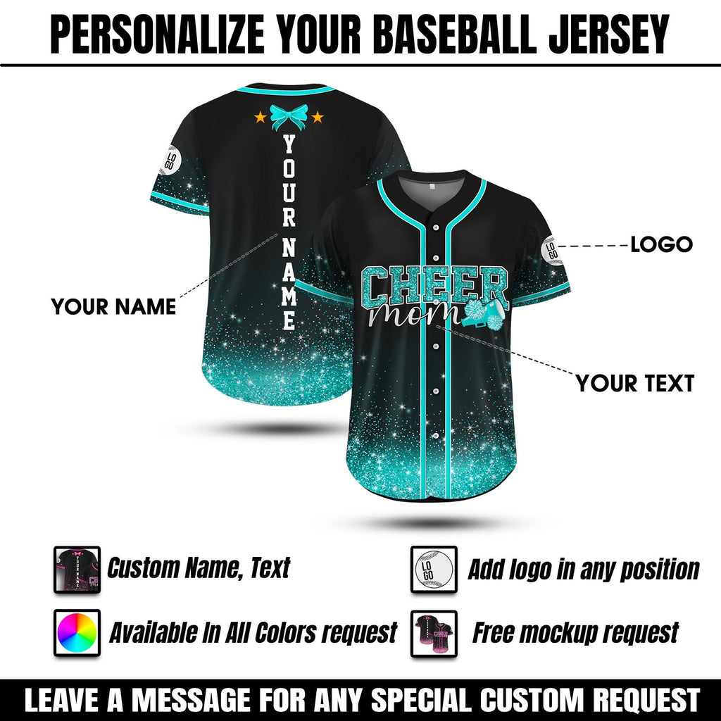 Personalized Glitter Cheer Mom Jersey, Custom Name Number Glitter Baseball Jersey, Cheerleading Team Gift for Mom, Competition Day Apparel