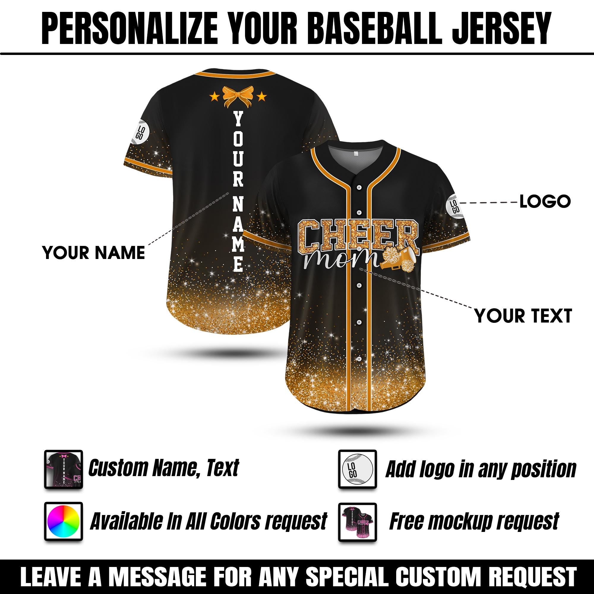 Personalized Glitter Cheer Mom Jersey, Custom Name Number Glitter Baseball Jersey, Cheerleading Team Gift for Mom, Cheerleading Mom Shirts