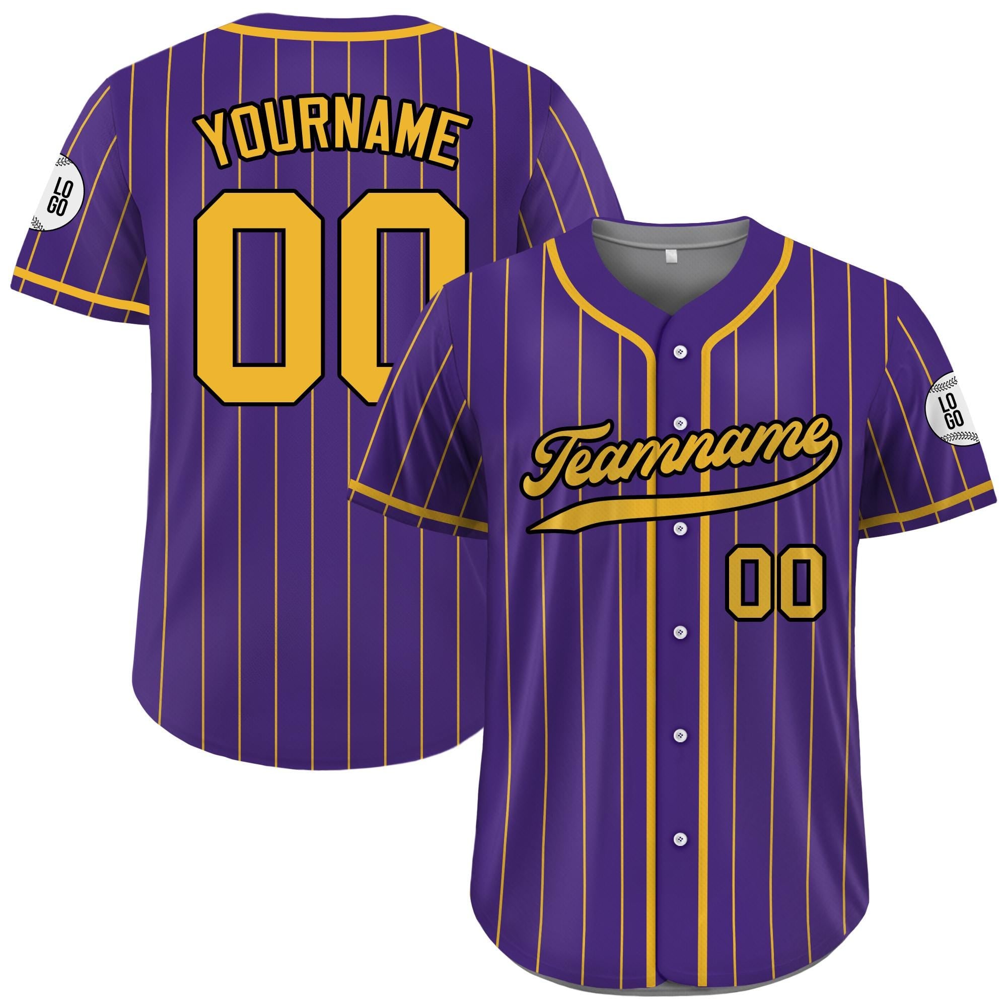 Custom Baseball Jersey with Teamname Name Number, Custom Jersey for Adult Youth Kid, Personalized Pinstripe Button Down Purple Yellow Jersey