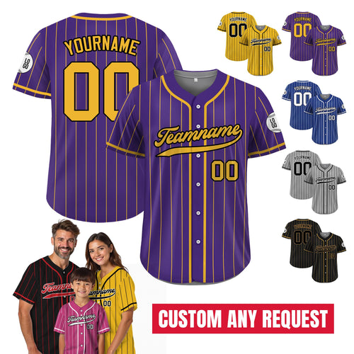 Custom Baseball Jersey with Teamname Name Number, Custom Jersey for Adult Youth Kid, Personalized Pinstripe Button Down Purple Yellow Jersey