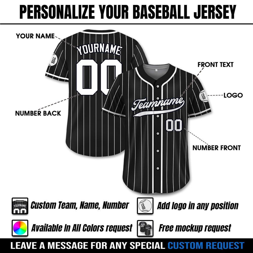 Printed Black White Custom Baseball Jersey with Teamname Name Number, Jersey for Men Women Youth, Personalized Pinstripe Button Down Jersey