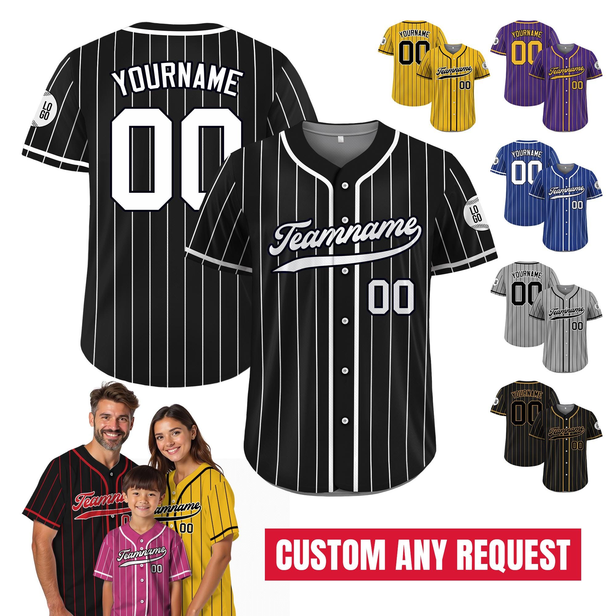 Printed Black White Custom Baseball Jersey with Teamname Name Number, Jersey for Men Women Youth, Personalized Pinstripe Button Down Jersey