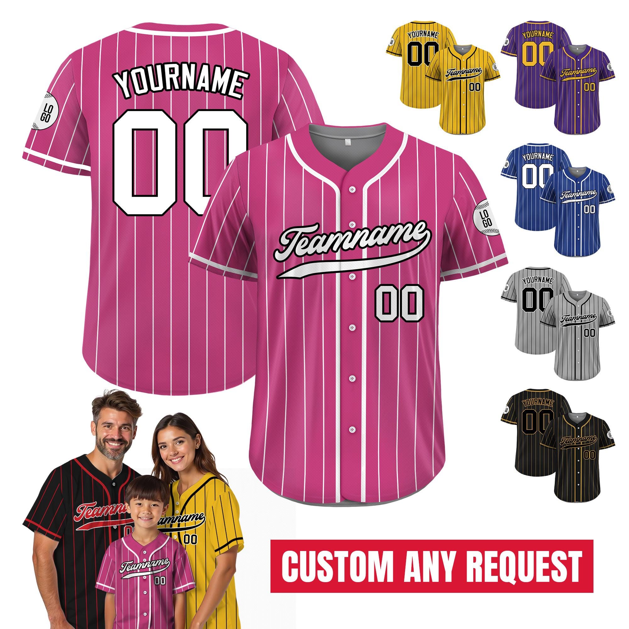 Printed Pink White Custom Baseball Jersey with Teamname Name Number, Jersey for Men Women Youth, Personalized Pinstripe Button Down Jersey