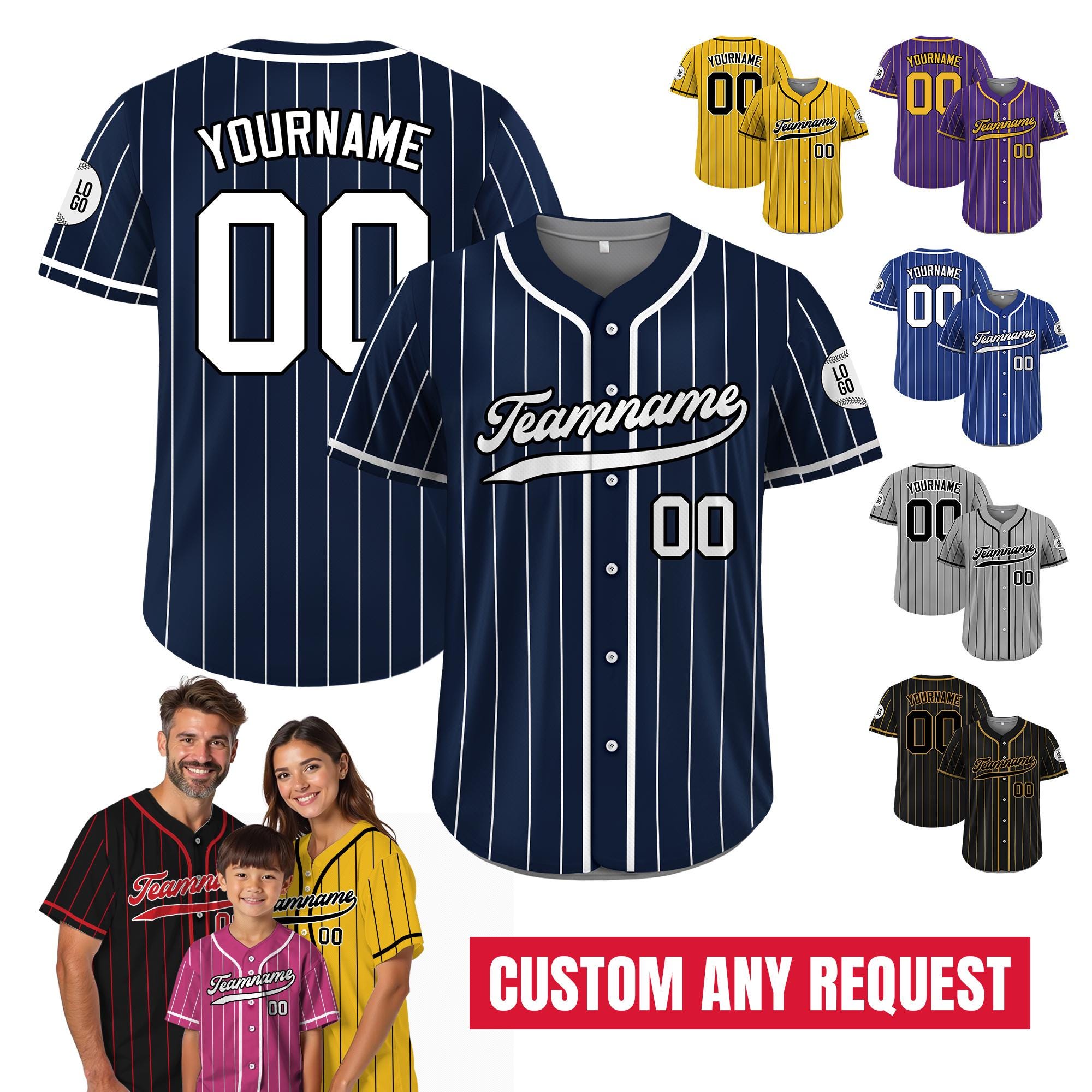 Custom Baseball Jersey with Teamname Name Number, Jersey for Men Women Youth, Personalized Pinstripe Button Down Jersey Printed Navy White