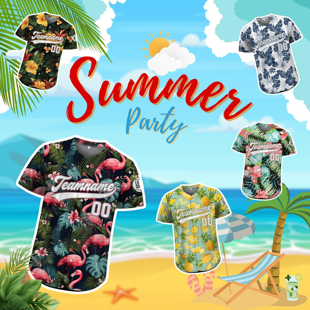 Personalized Hawaiian Baseball Jersey with Team Name Number Logo, Custom Beach Vacation Tropical Pattern Jersey, Leaf Shirt Matching Jersey