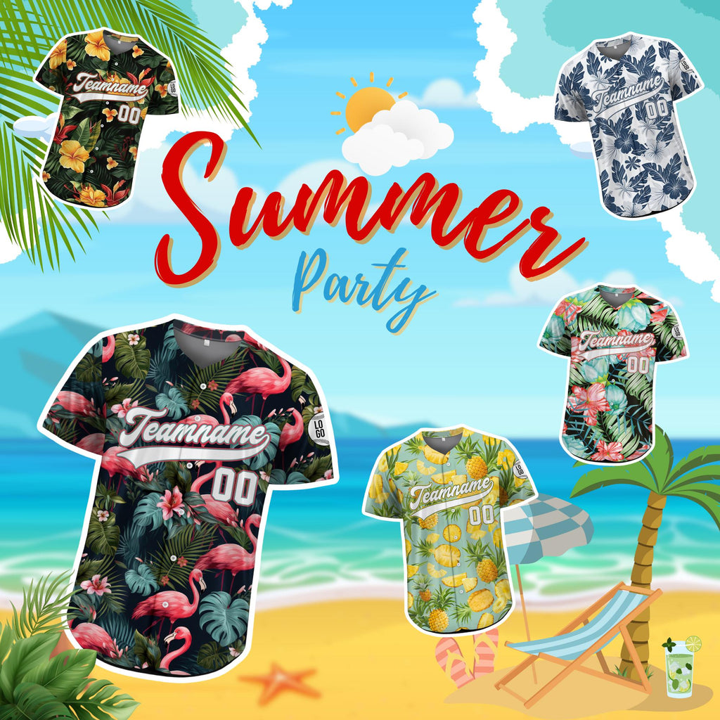 Personalized Hawaiian Baseball Jersey with Team Name Number Logo, Custom Beach Vacation Tropical Pattern Jersey, Leaf Shirt Baseball Jersey