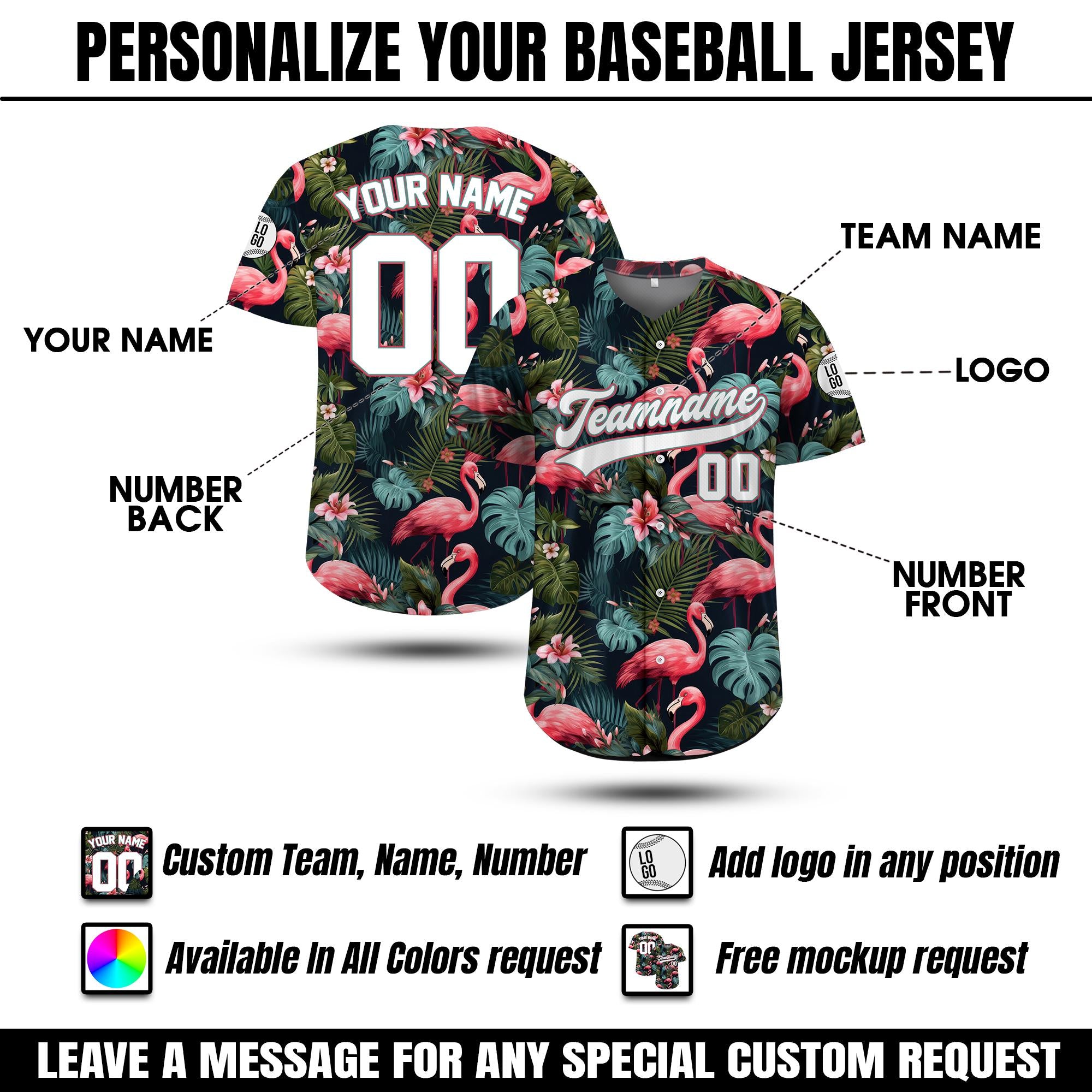 Personalized Hawaiian Baseball Jersey with Team Name Number Logo, Custom Tropical Flamingo Baseball Jersey, Beach Summer Vacation Jersey