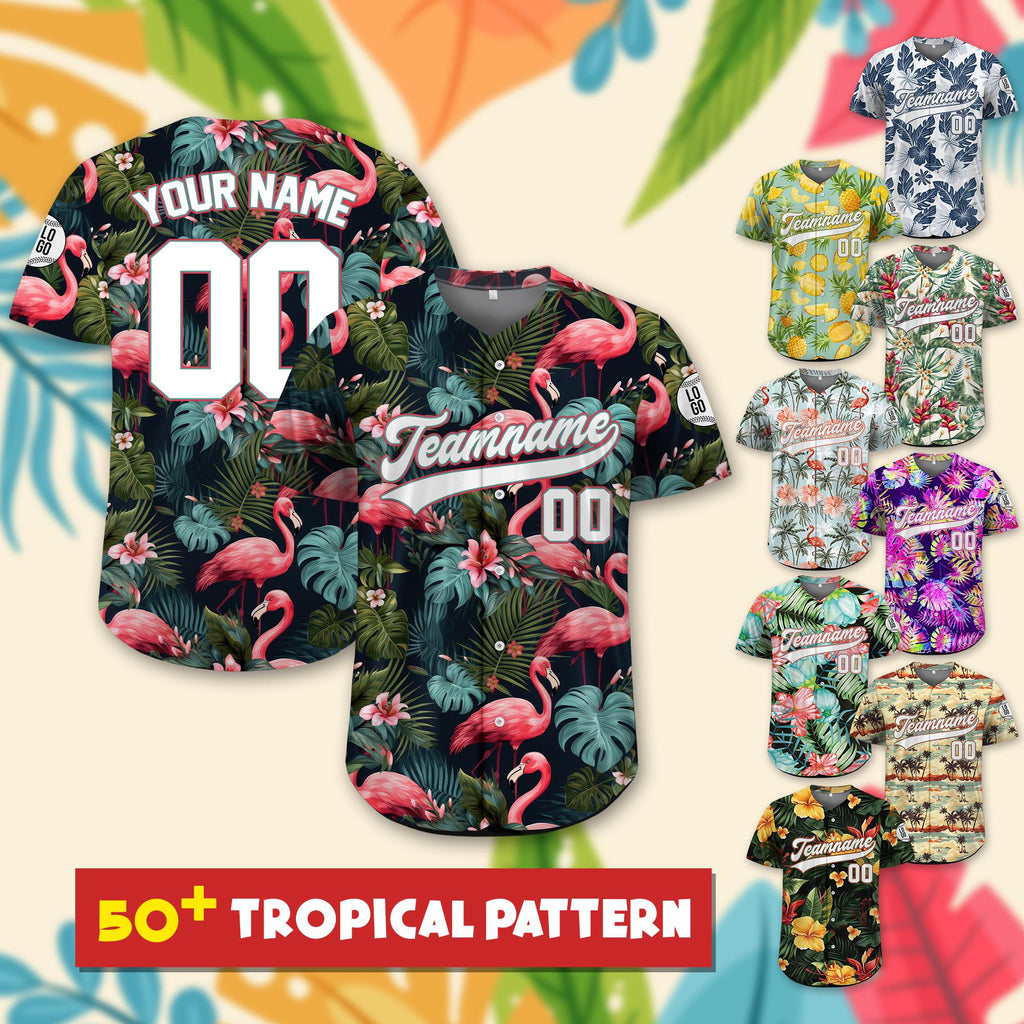 Personalized Hawaiian Baseball Jersey with Team Name Number Logo, Custom Tropical Flamingo Baseball Jersey, Beach Summer Vacation Jersey