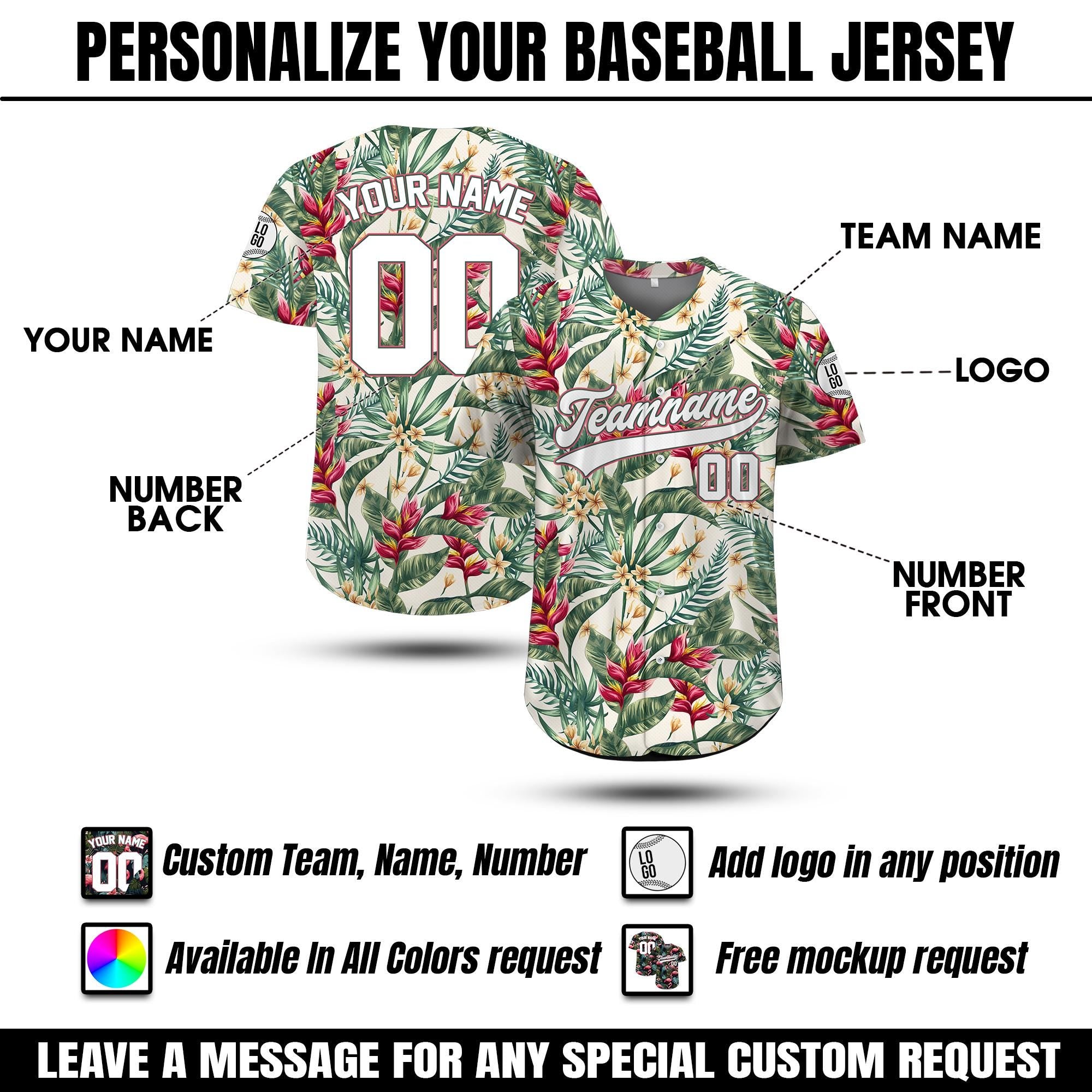 Personalized Hawaiian Baseball Jersey with Team Name Number Logo, Custom Beach Vacation Tropical Pattern Jersey, Leaf Shirt Baseball Jersey