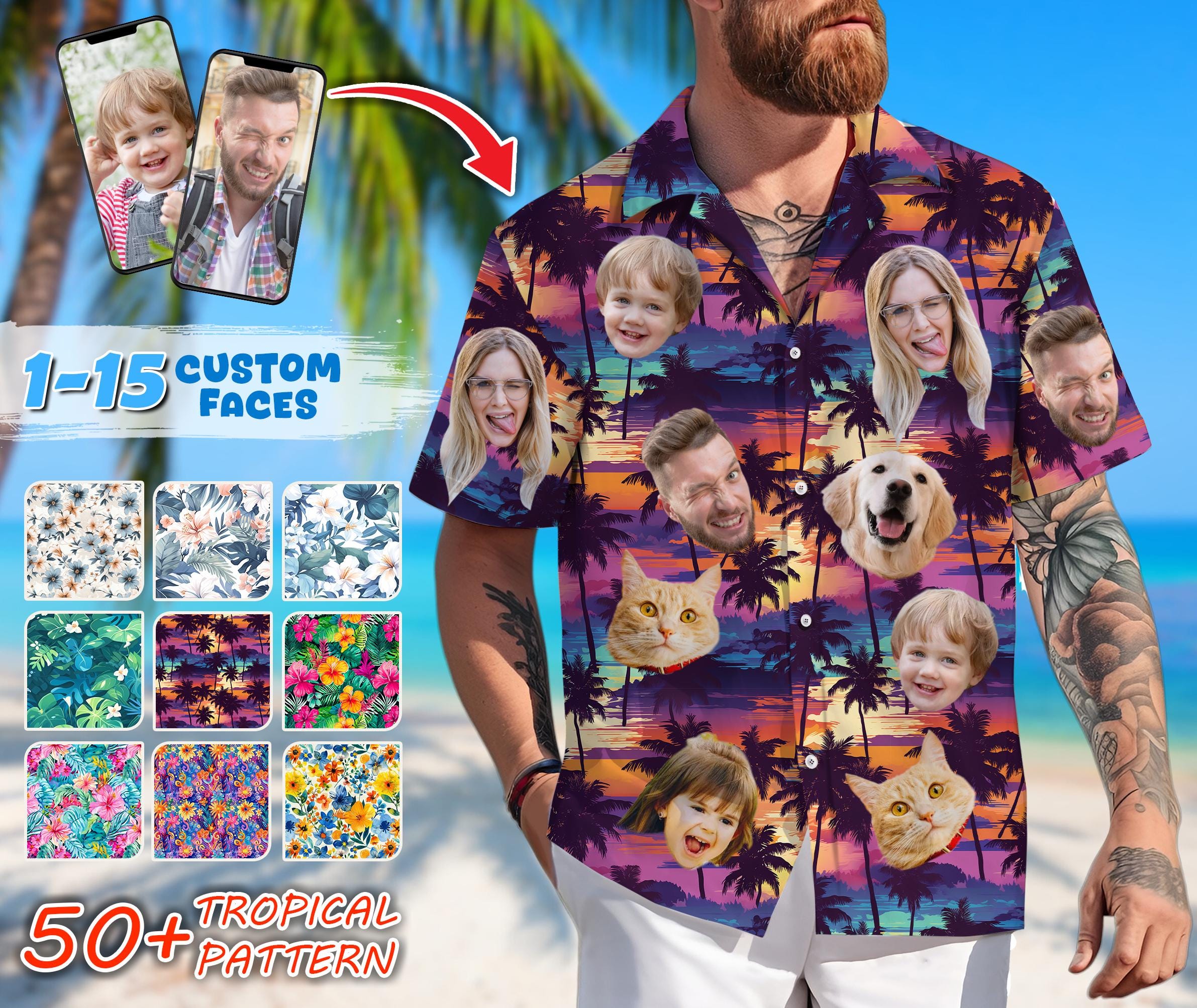 Personalized Photo Hawaiian Shirts with Face, Custom Hawaiian Shirt with Photo, Gifts for Girlfriend Boyfriend,Tropical Beach Pet Face Shirt