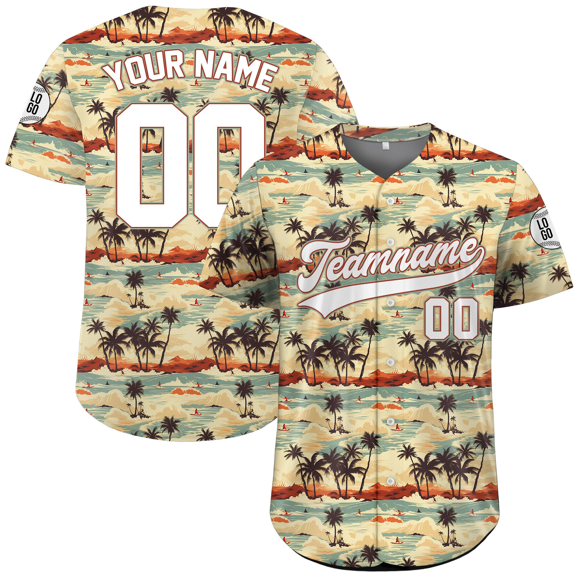 Personalized Hawaiian Baseball Jersey with Team Name Number Logo, Custom Beach Vacation Tropical Pattern Jersey, Leaf Shirt Matching Jersey