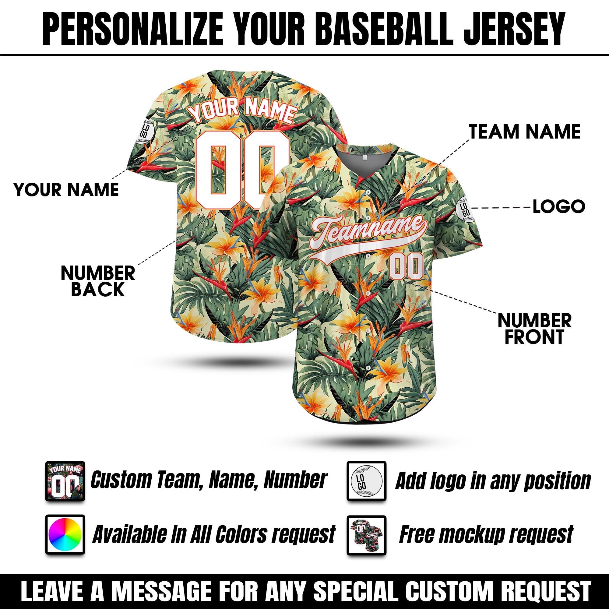 Personalized Hawaiian Baseball Jersey with Team Name Number Logo, Custom Beach Vacation Tropical Pattern Leaf Matching Family Jersey Shirt