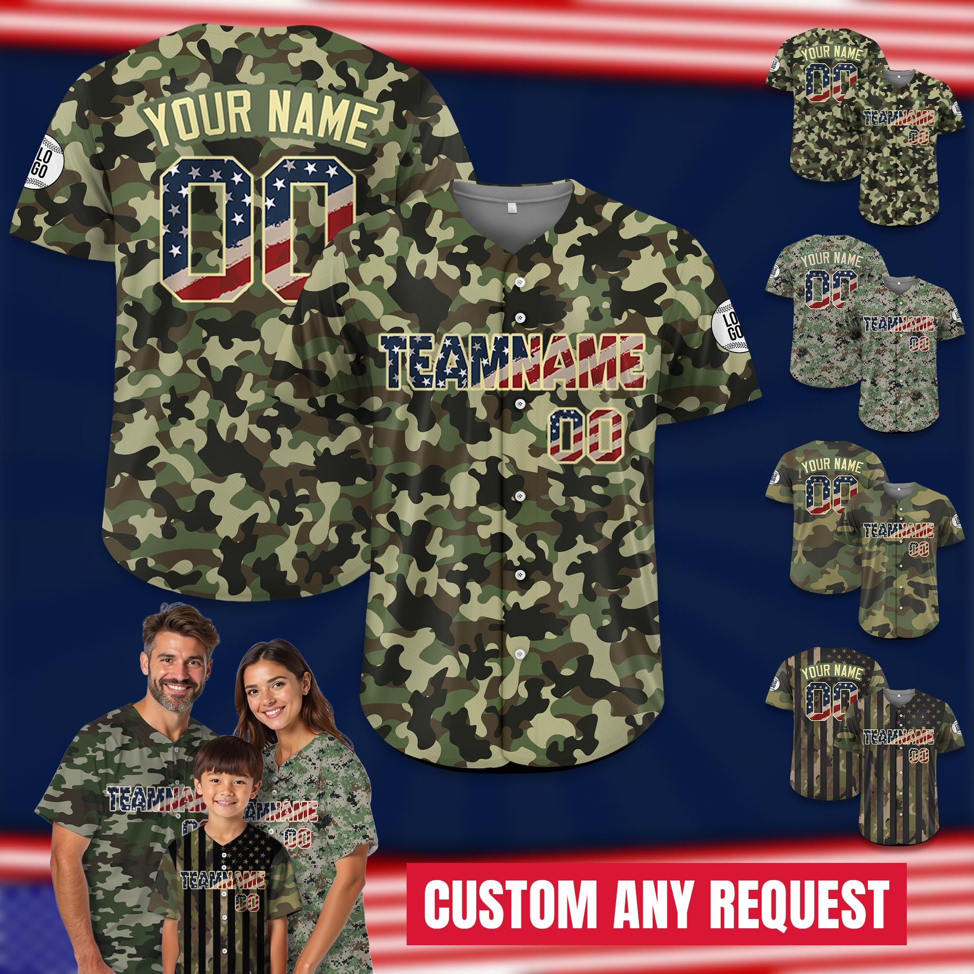 Printed Personalized Camo Baseball Jersey with Name Teamname Number, Custom Jerseys Shirt for Men Women Gifts for Veteran Baseball Fans