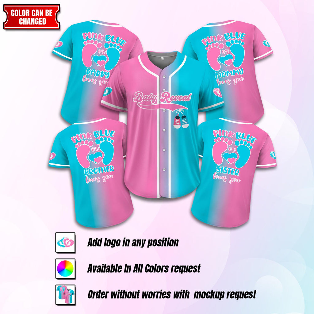 Personalized Gradient Baby Reveal Baseball Jersey for Adult Kid, Custom Gender Reveal Jersey, Reveal Party Jersey, Family Matching Outfits