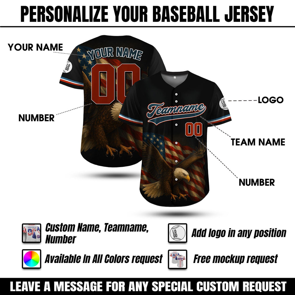 Personalized American Eagle Baseball Jersey, Custom Name Number Patriotic USA Flag Shirt, Gift for American Lovers, 4th of July Apparel