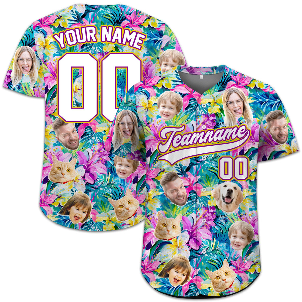 Custom Face Hawaiian Baseball Jersey with Photo Team Name Number, Personalized Baseball Floral Shirt for Adult Youth Preschool Button Shirt