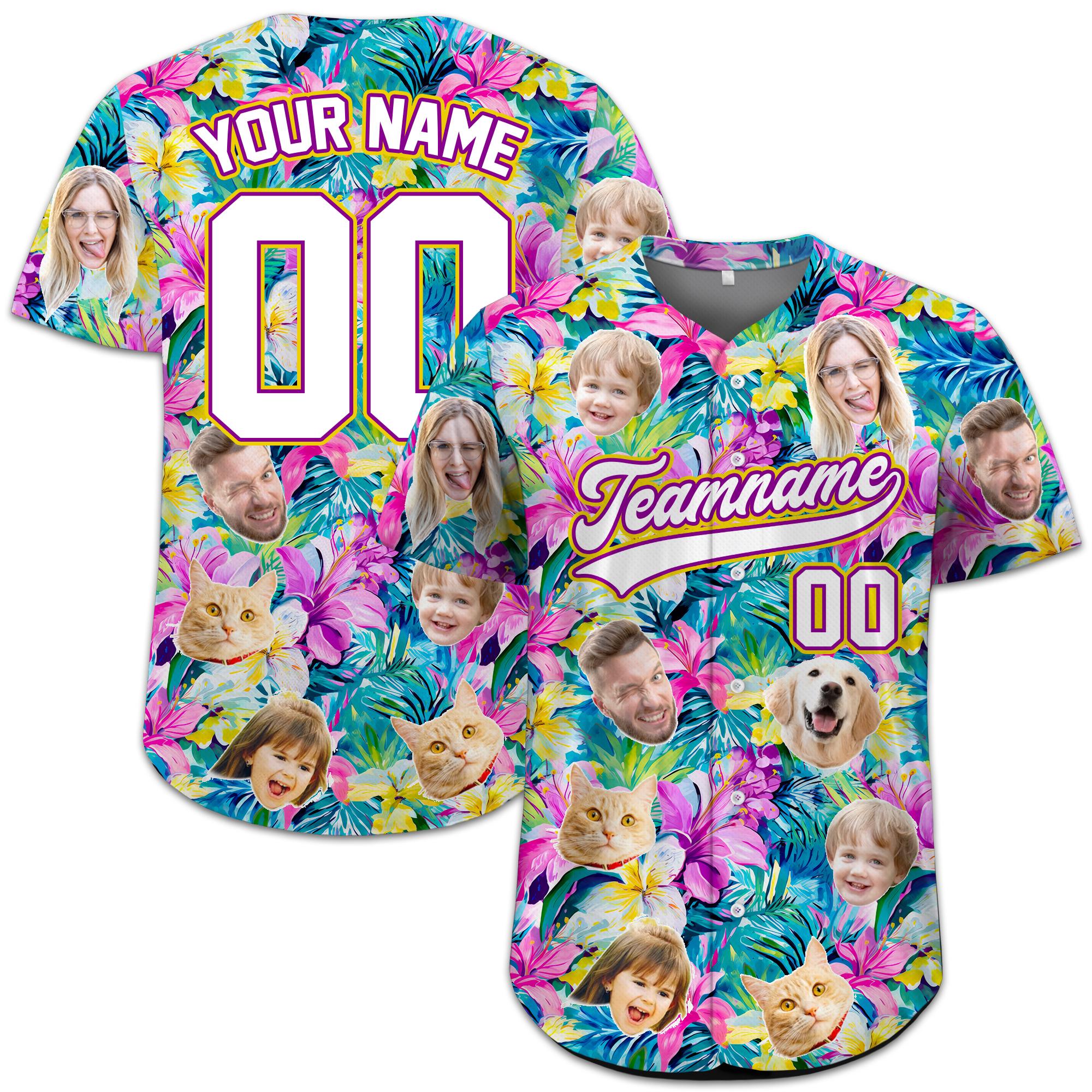 Custom Face Hawaiian Baseball Jersey with Photo Team Name Number, Personalized Baseball Floral Shirt for Adult Youth Preschool Button Shirt