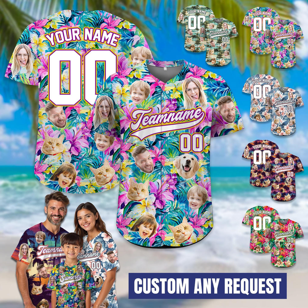 Custom Face Hawaiian Baseball Jersey with Photo Team Name Number, Personalized Baseball Floral Shirt for Adult Youth Preschool Button Shirt