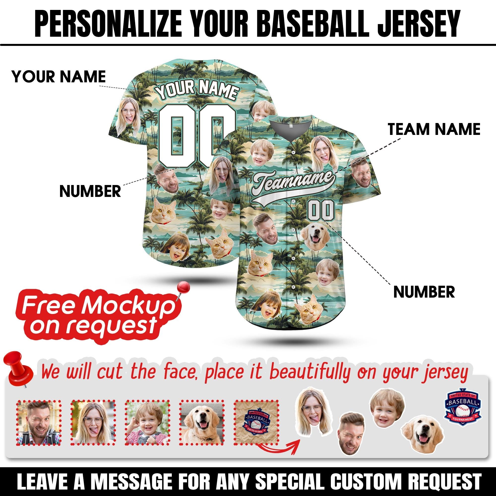 Custom Face Baseball Jersey with Photo, Personalized Baseball Tropical Beach Shirt for Adult Youth Kid, Custom Name Bachelor Party Shirt