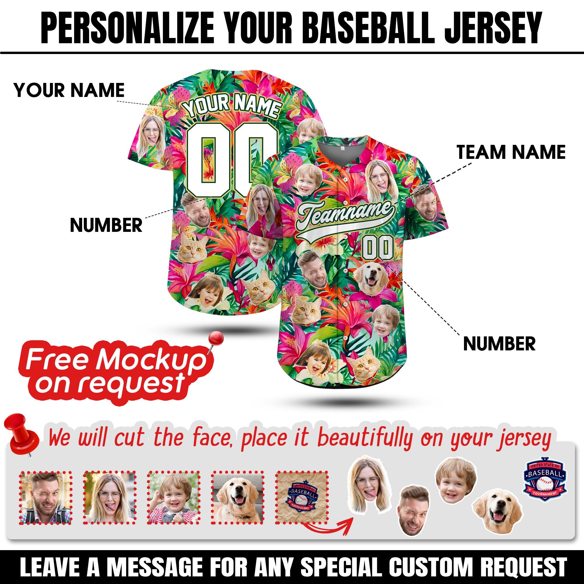 Custom Face Hawaiian Baseball Jersey with team name number, Personalized Jersey for Summer Trip, Custom Dog face shirt, Bachelor Party Shirt