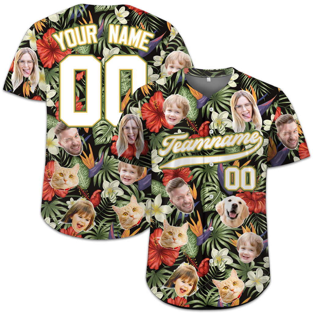 Custom Hawaiian Baseball Jersey with Face Teamname Name Number, Personalized Hawaii Floral Shirt for Men Women Youth Preschool Button Shirt