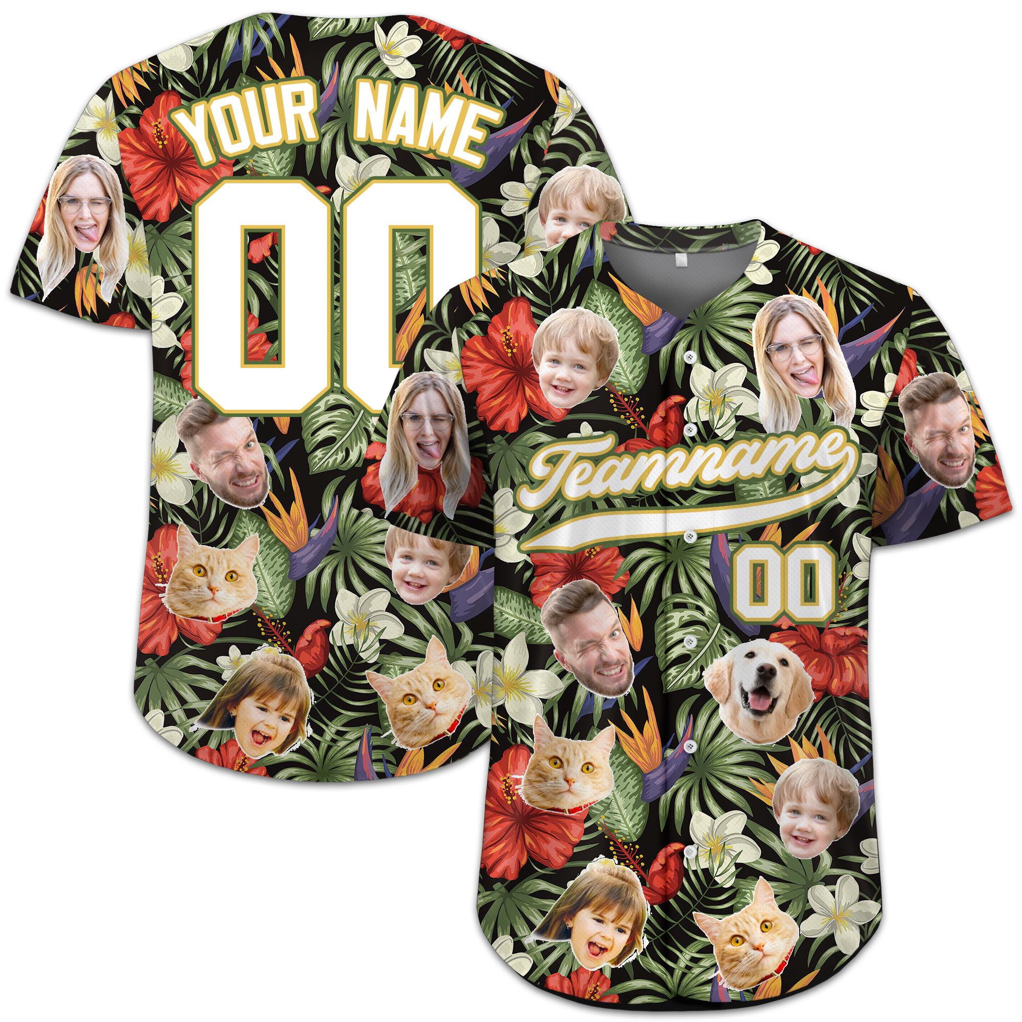 Custom Hawaiian Baseball Jersey with Face Teamname Name Number, Personalized Hawaii Floral Shirt for Men Women Youth Preschool Button Shirt