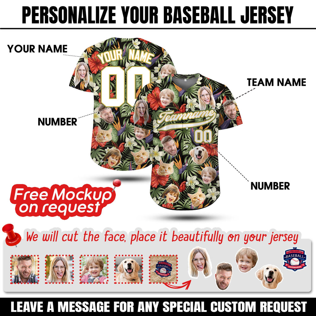 Custom Hawaiian Baseball Jersey with Face Teamname Name Number, Personalized Hawaii Floral Shirt for Men Women Youth Preschool Button Shirt
