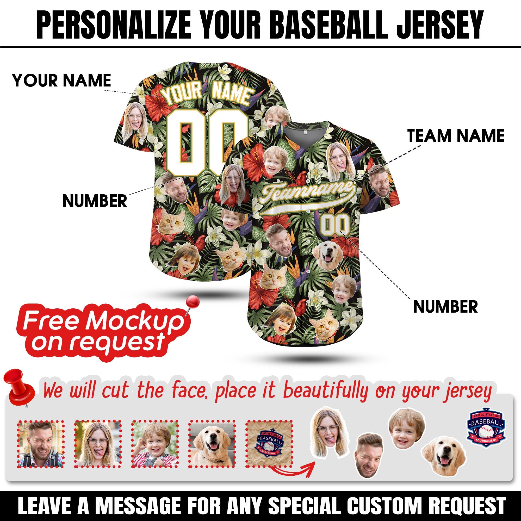 Custom Hawaiian Baseball Jersey with Face Teamname Name Number, Personalized Hawaii Floral Shirt for Men Women Youth Preschool Button Shirt