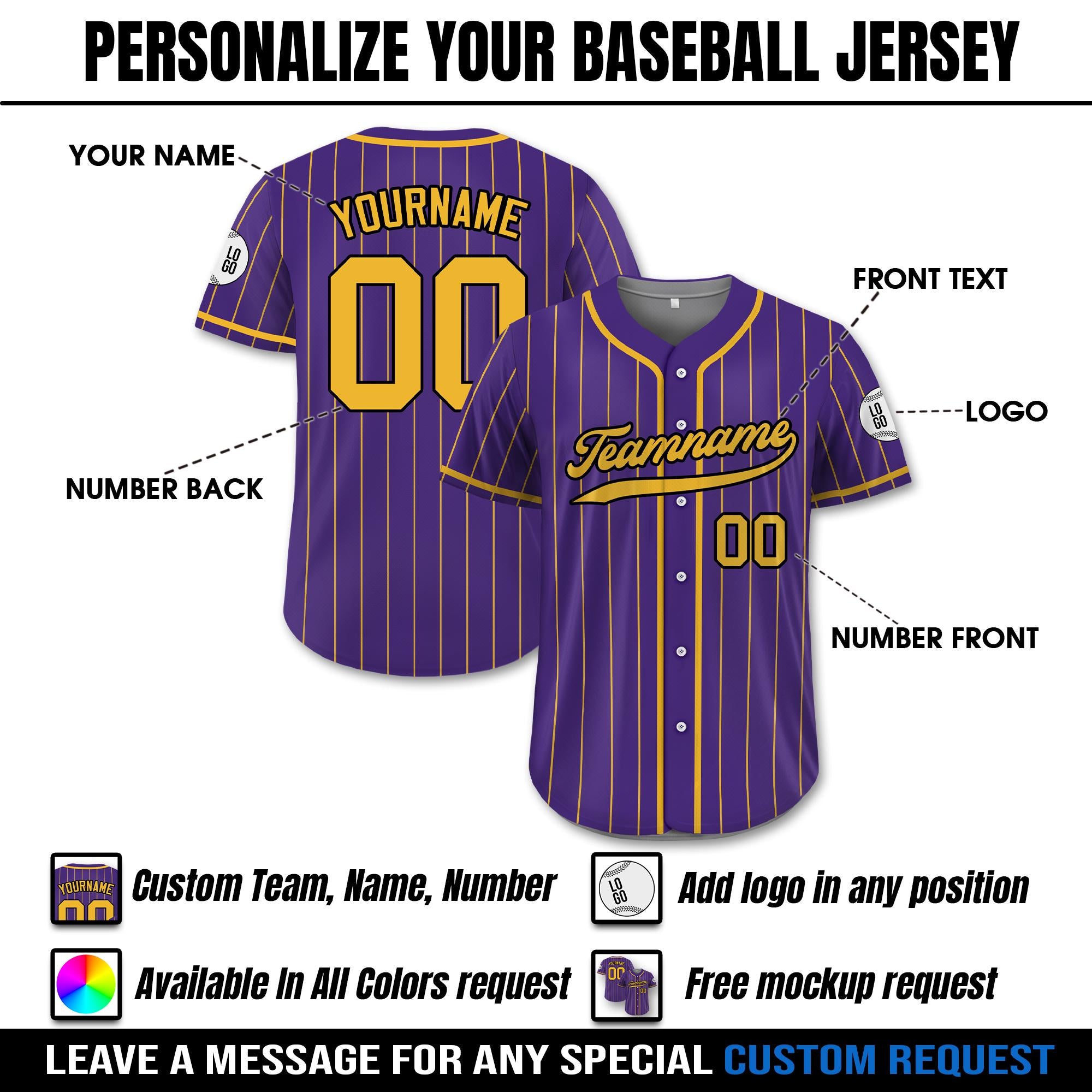 Custom Baseball Jersey with Teamname Name Number, Custom Jersey for Adult Youth Kid, Personalized Pinstripe Button Down Purple Yellow Jersey