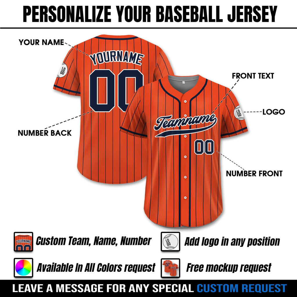 Custom Baseball Jersey with Teamname Name Number, Jersey for Men Women Youth, Personalized Pinstripe Button Down Jersey Printed Orange Navy