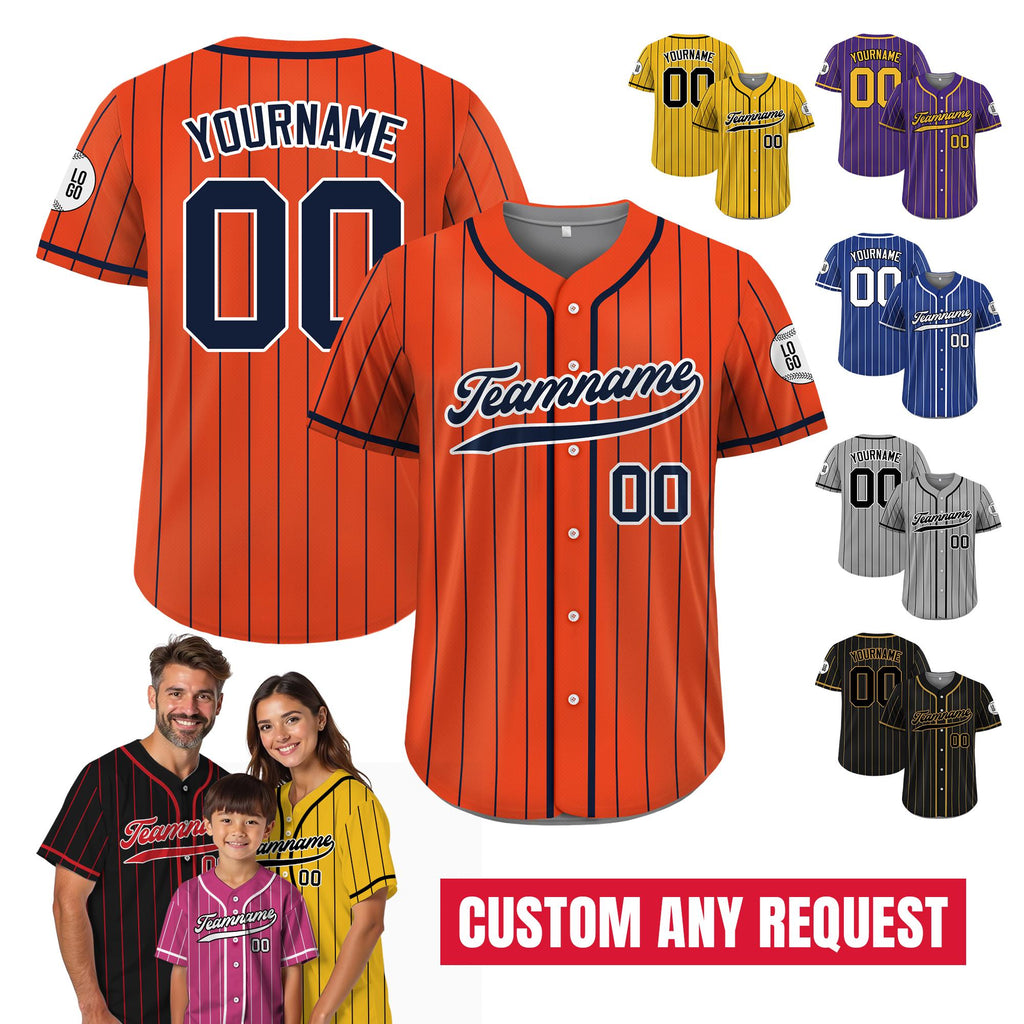 Custom Baseball Jersey with Teamname Name Number, Jersey for Men Women Youth, Personalized Pinstripe Button Down Jersey Printed Orange Navy