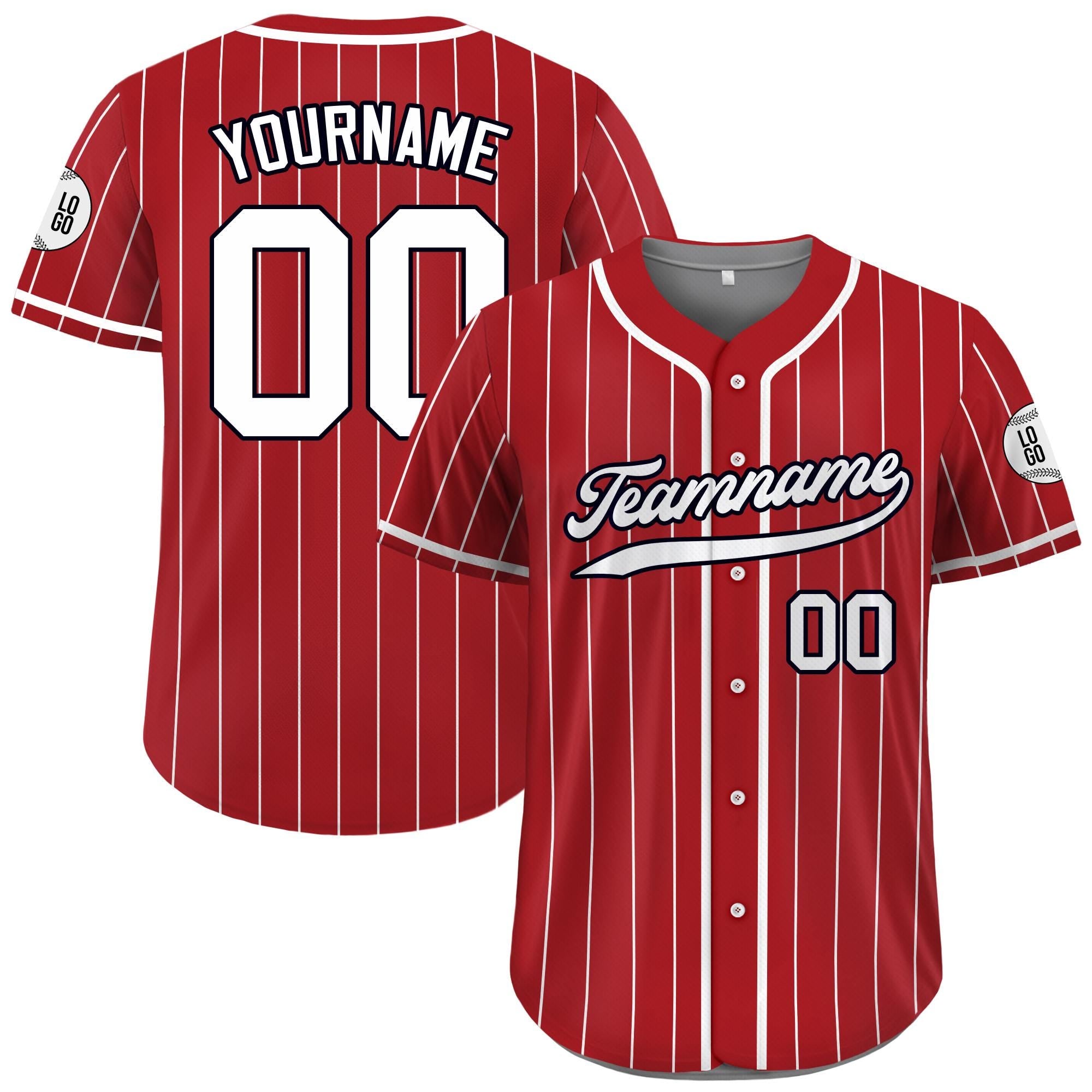 Printed Red White Custom Baseball Jersey with Teamname Name Number, Jersey for Men Women Youth, Personalized Pinstripe Button Down Jersey