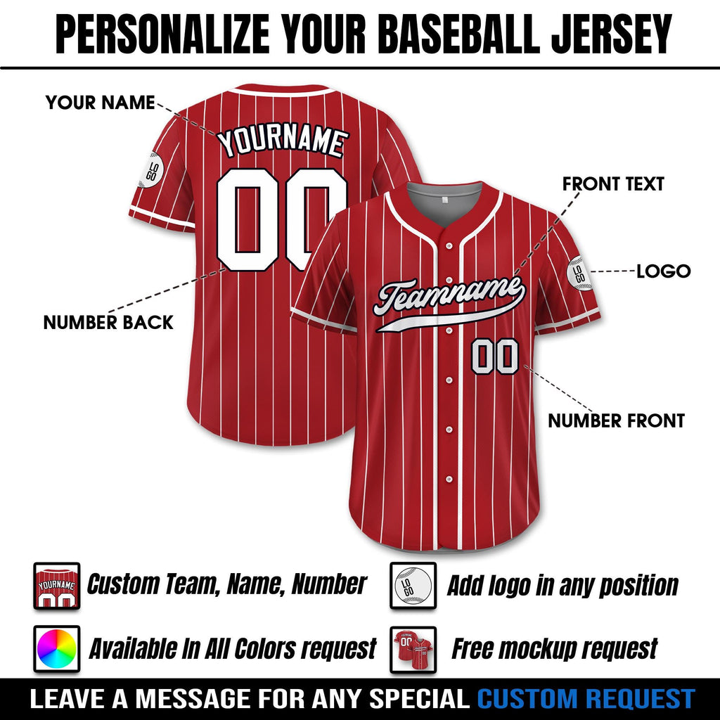 Printed Red White Custom Baseball Jersey with Teamname Name Number, Jersey for Men Women Youth, Personalized Pinstripe Button Down Jersey