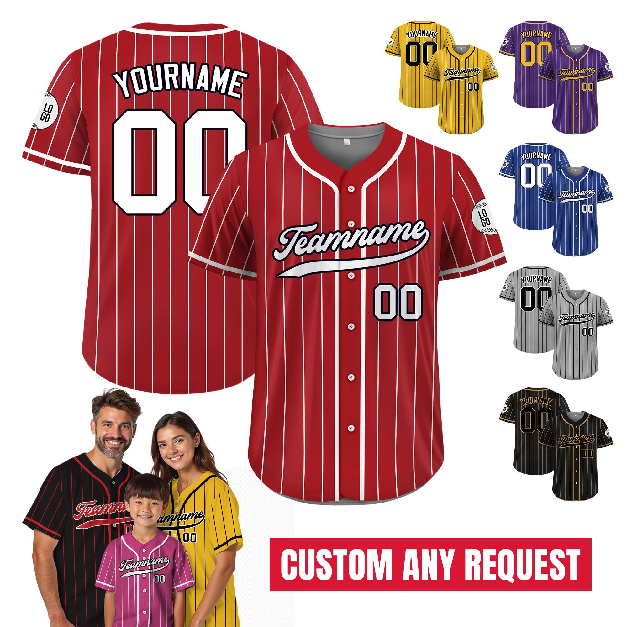 Printed Red White Custom Baseball Jersey with Teamname Name Number, Jersey for Men Women Youth, Personalized Pinstripe Button Down Jersey