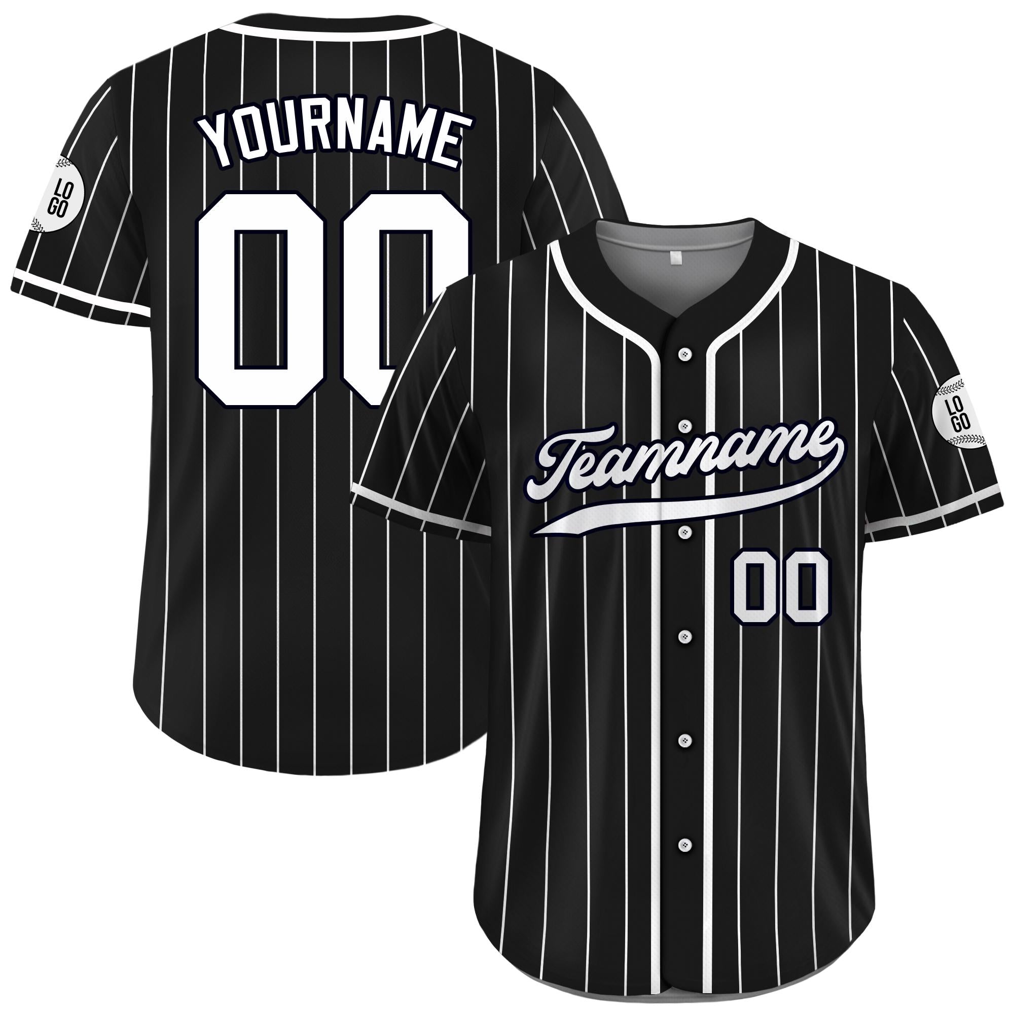 Printed Black White Custom Baseball Jersey with Teamname Name Number, Jersey for Men Women Youth, Personalized Pinstripe Button Down Jersey