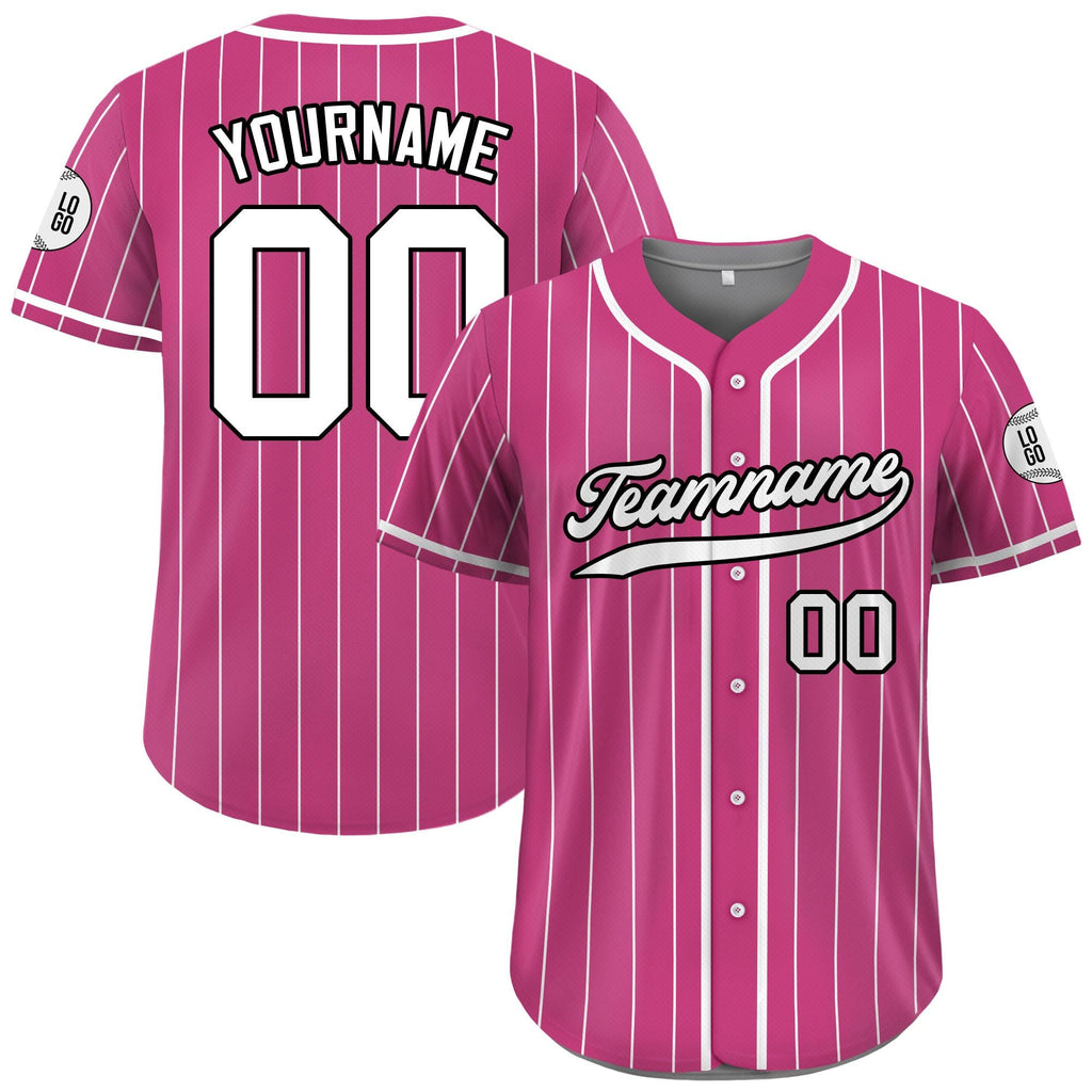 Printed Pink White Custom Baseball Jersey with Teamname Name Number, Jersey for Men Women Youth, Personalized Pinstripe Button Down Jersey