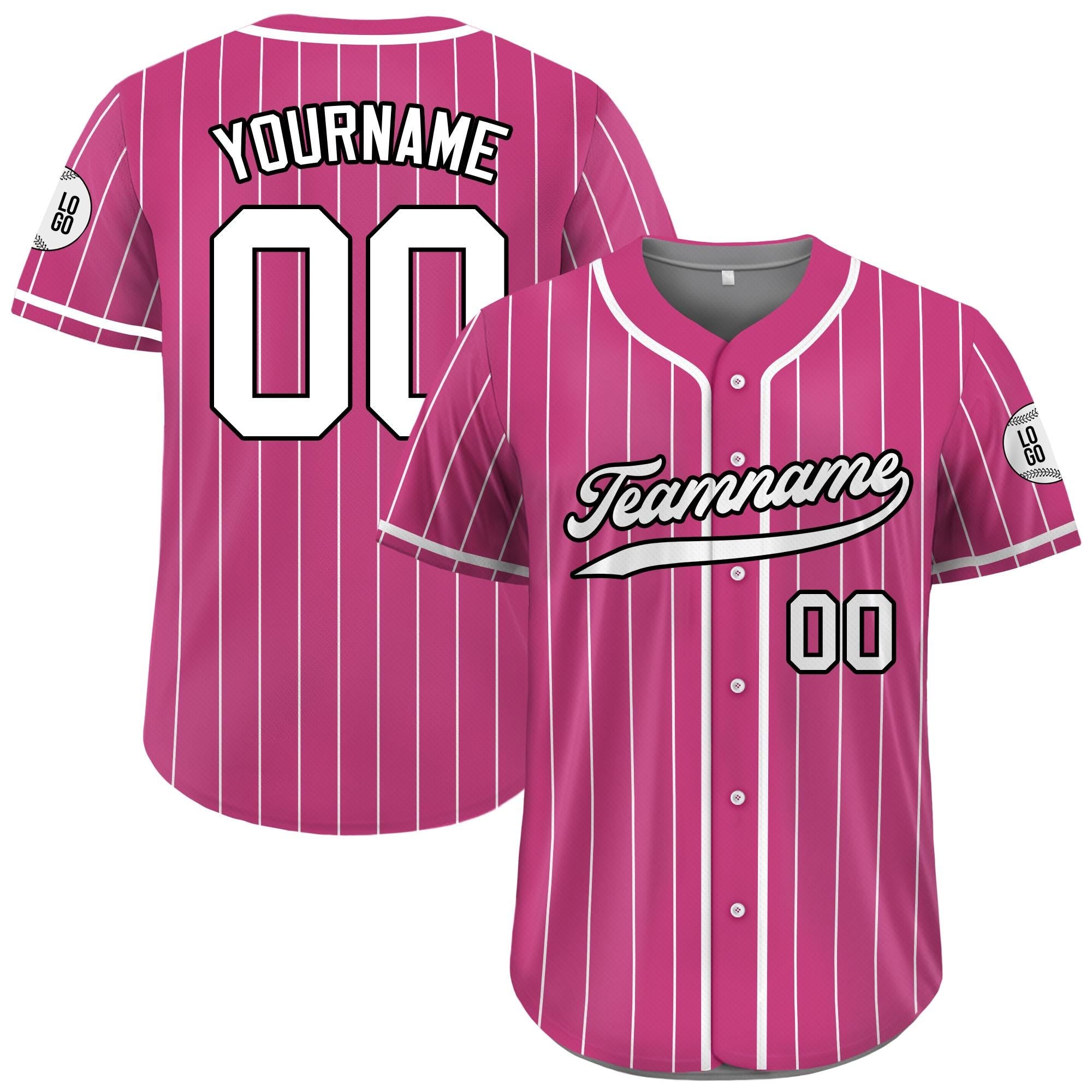 Printed Pink White Custom Baseball Jersey with Teamname Name Number, Jersey for Men Women Youth, Personalized Pinstripe Button Down Jersey