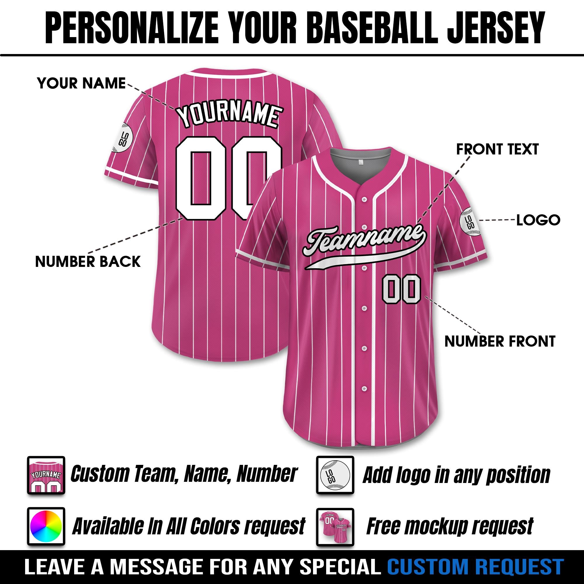 Printed Pink White Custom Baseball Jersey with Teamname Name Number, Jersey for Men Women Youth, Personalized Pinstripe Button Down Jersey