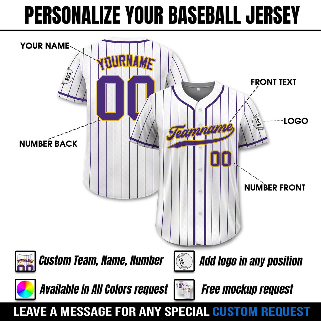 Custom Pinstripe Baseball Jersey with Teamname Name Number, Printed White Purple Pinstripe Button Down Jersey for Men Women Youth Preschool