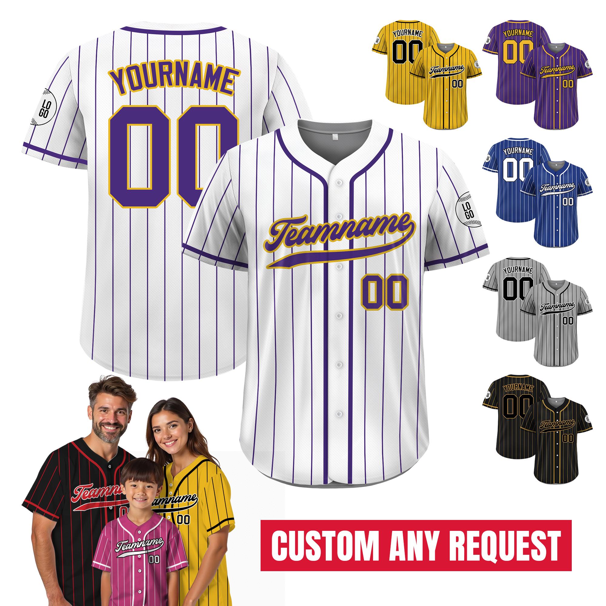 Custom Pinstripe Baseball Jersey with Teamname Name Number, Printed White Purple Pinstripe Button Down Jersey for Men Women Youth Preschool