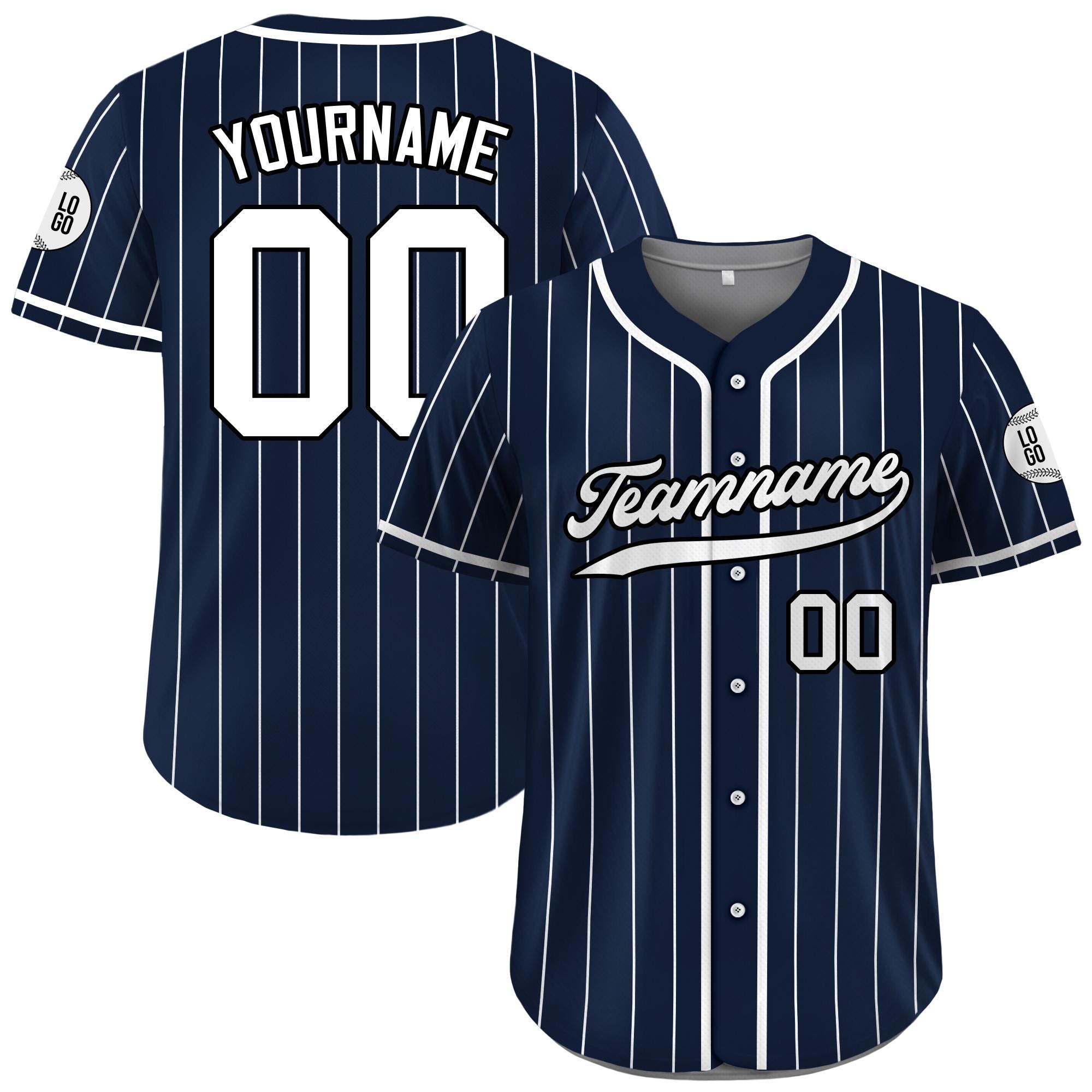 Custom Baseball Jersey with Teamname Name Number, Jersey for Men Women Youth, Personalized Pinstripe Button Down Jersey Printed Navy White