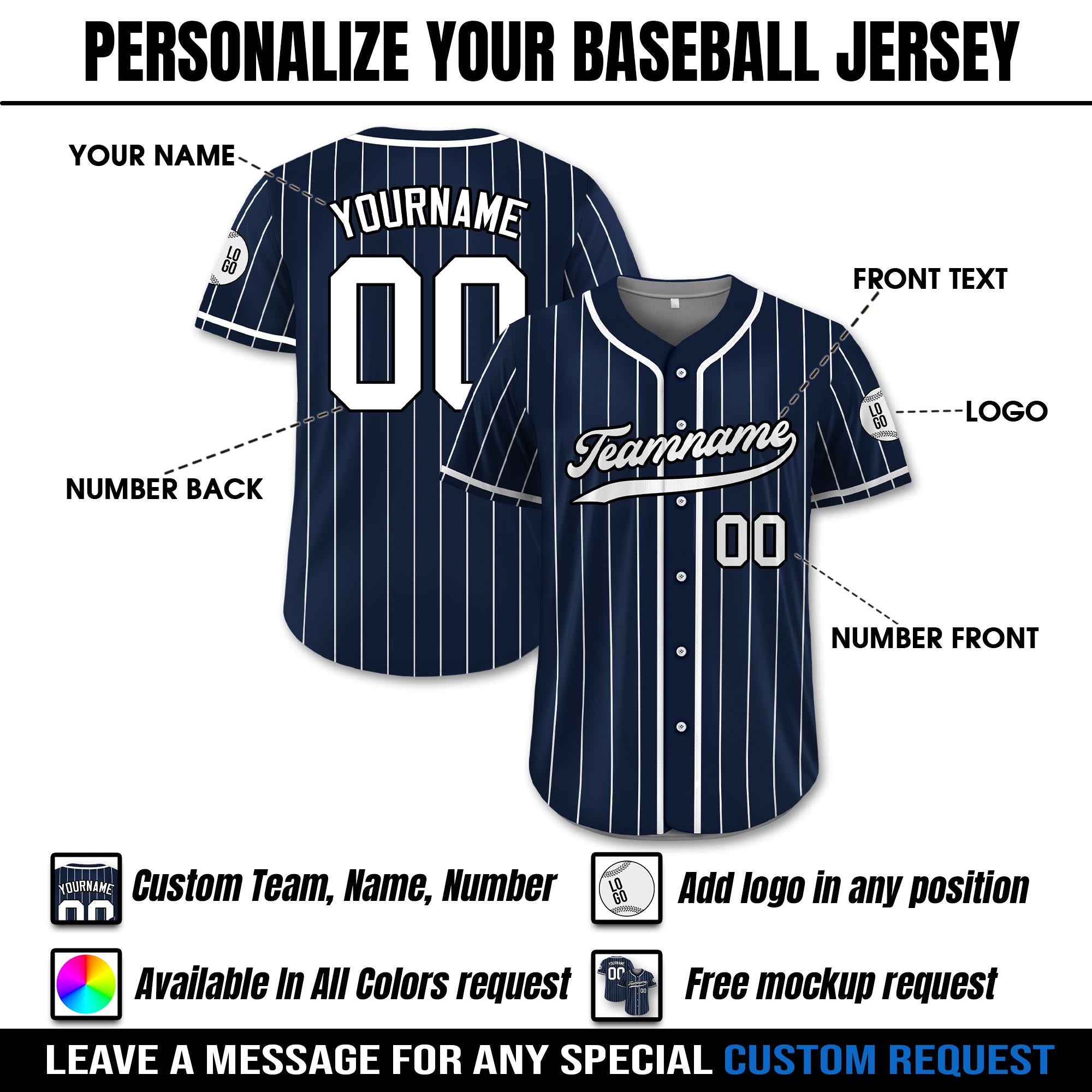Custom Baseball Jersey with Teamname Name Number, Jersey for Men Women Youth, Personalized Pinstripe Button Down Jersey Printed Navy White