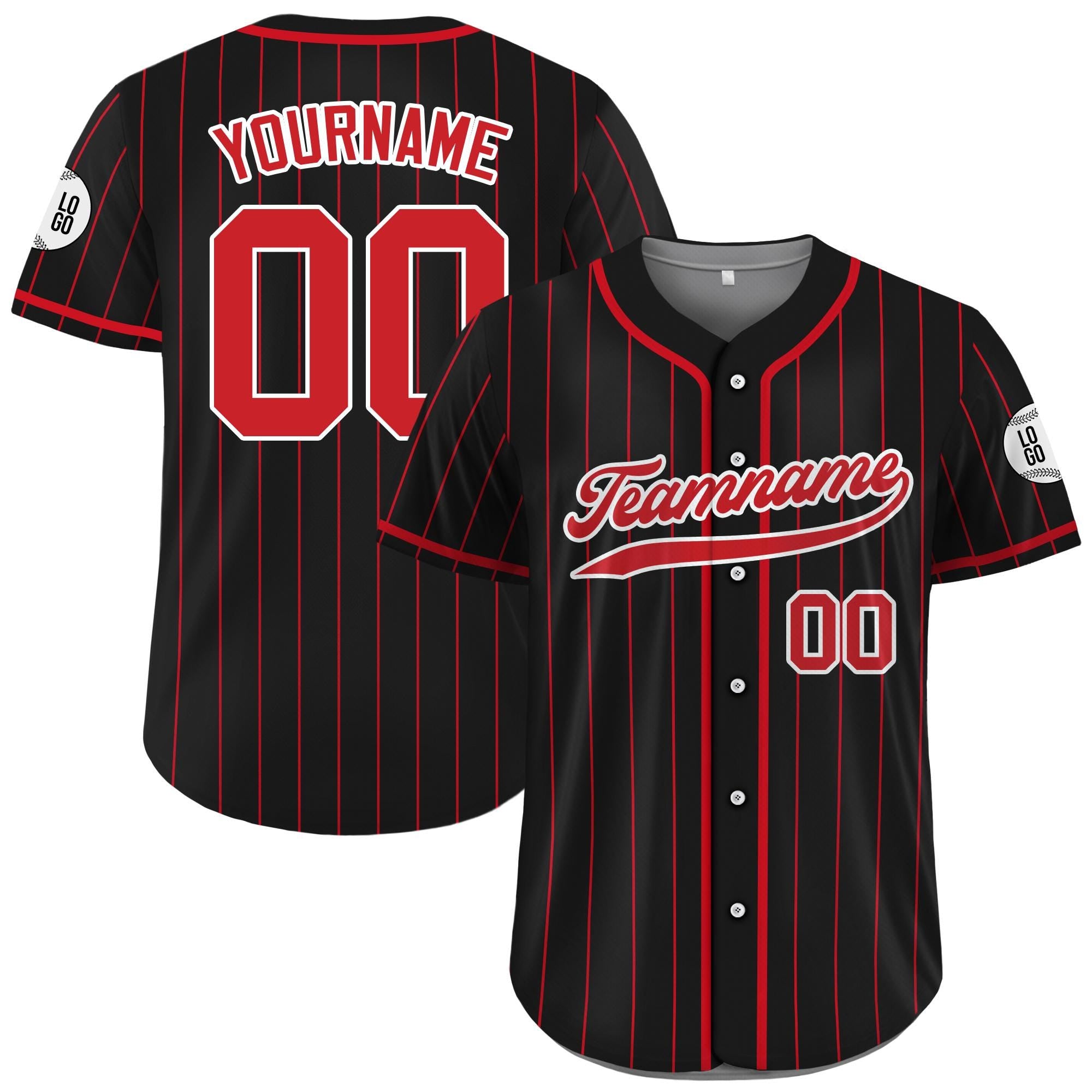 Personalized Baseball Jersey with Teamname Name Number, Jersey for Men Women Youth, Personalized Pinstripe Button Down Jersey Black Red