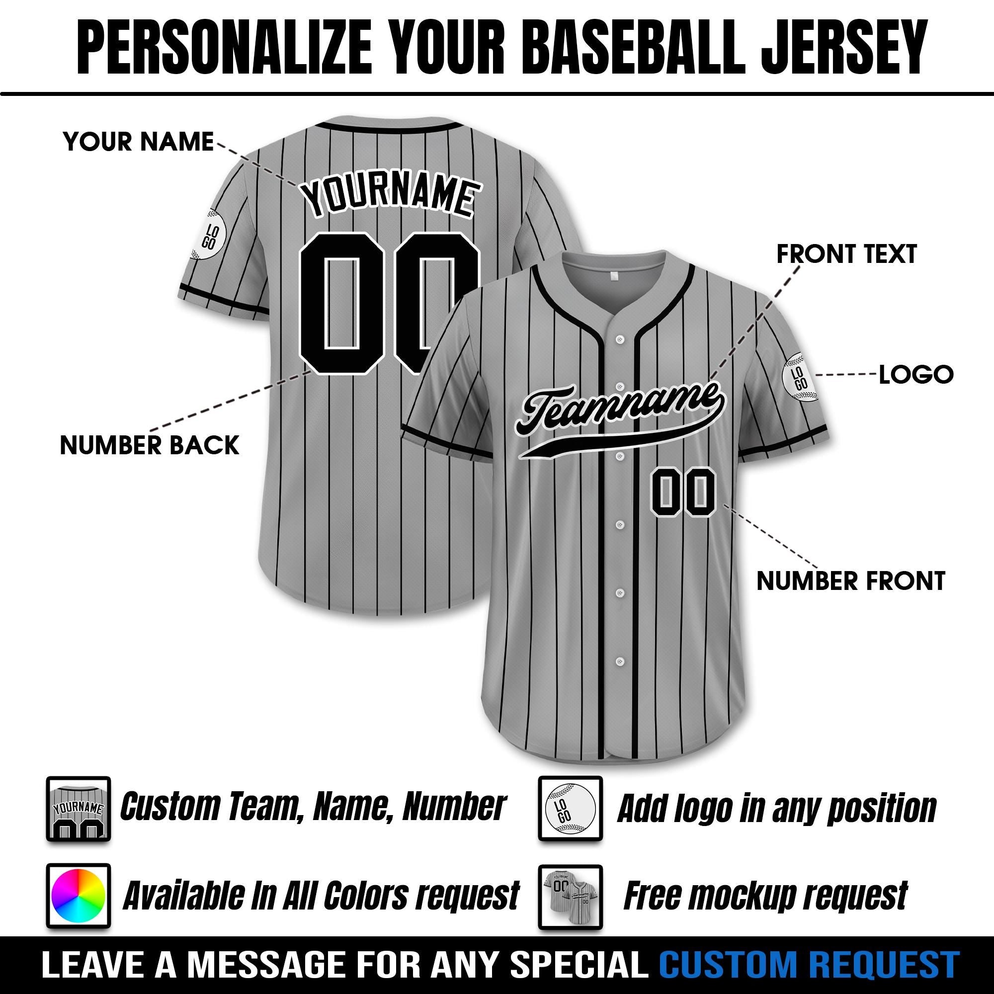 Personalized Pinstripe Gray Black Button Down Jersey Men Women Youth, Custom Baseball Jersey with Teamname Name Number, Game Day Outfit