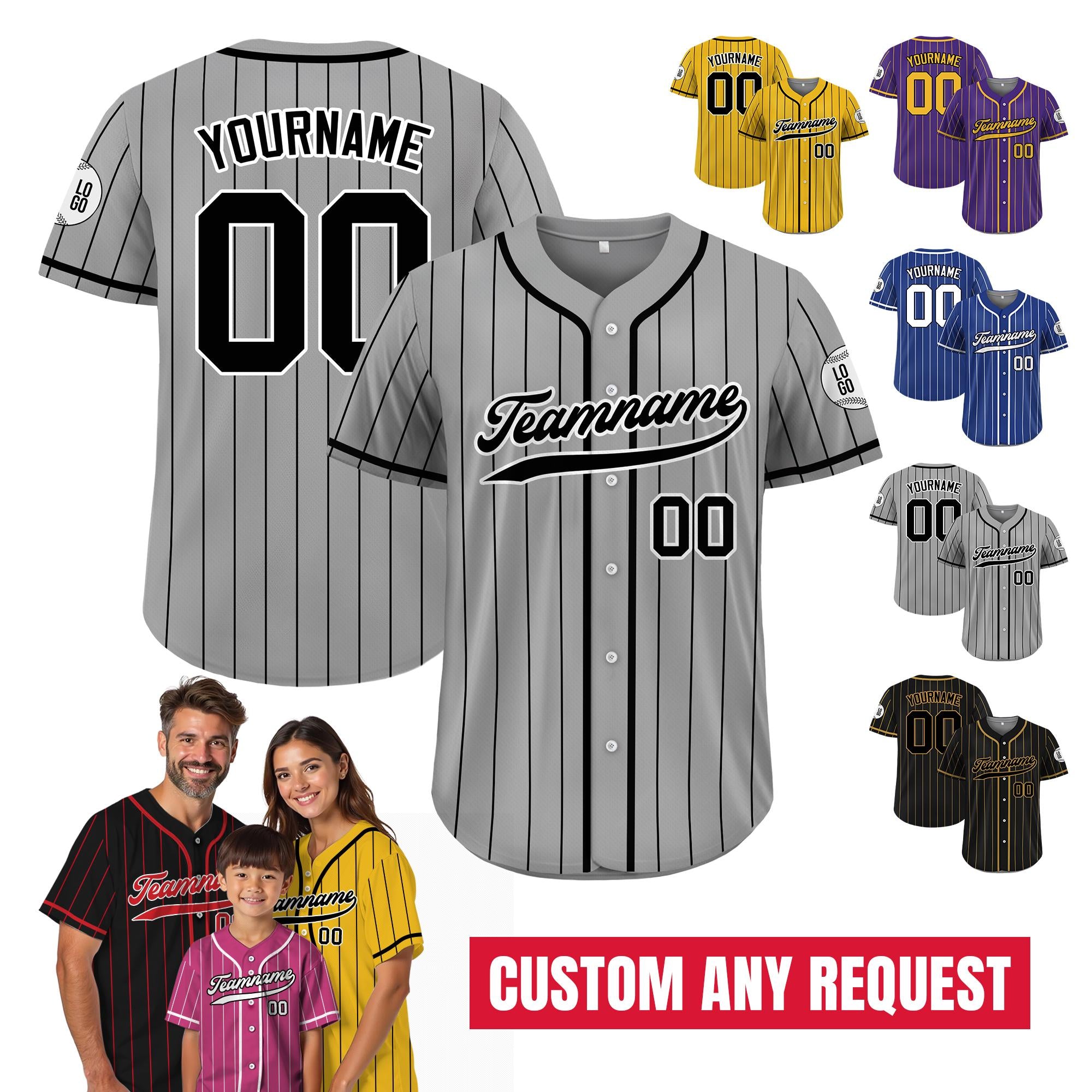 Personalized Pinstripe Gray Black Button Down Jersey Men Women Youth, Custom Baseball Jersey with Teamname Name Number, Game Day Outfit
